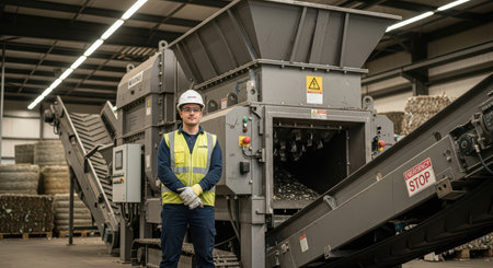 Caucasian male worker in safety gear standing in front of industrial recycling machineの素材
