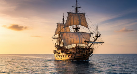 Majestic tall ship sailing at sunset on open sea with billowing sailsの素材