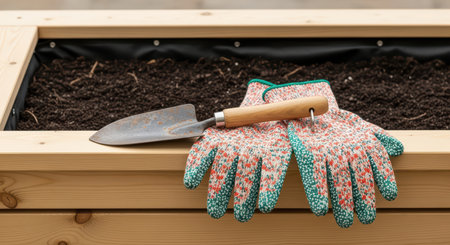 Gardening essentials: trowel and gloves on wooden raised bed with fresh soilの素材
