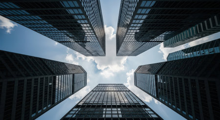 Dramatic upward view of skyscrapers against a blue sky and cloudsの素材