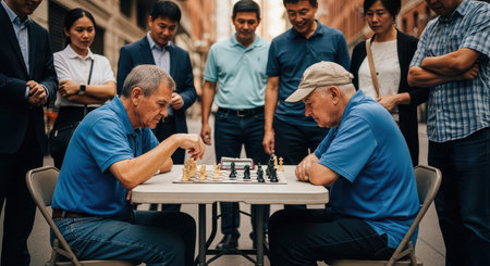 Two elderly caucasian males playing chess outdoors surrounded by onlookersの素材