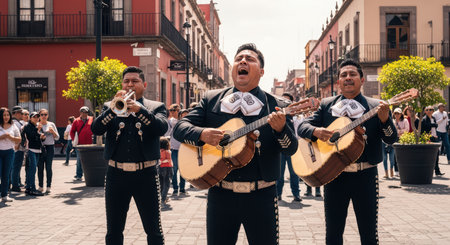 Hispanic male mariachi band performing in vibrant urban street settingの素材