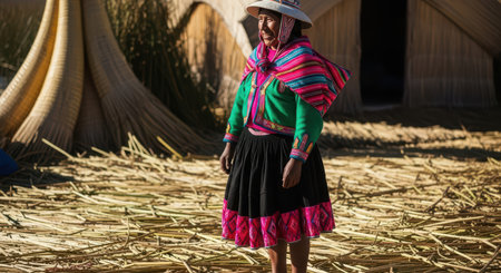 Elderly hispanic female in traditional colorful attire on straw landscapeの素材