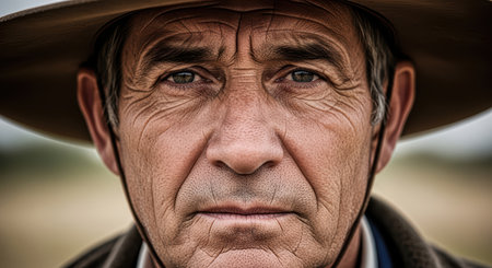 Elderly caucasian male in cowboy hat with intense gaze in nature settingの素材
