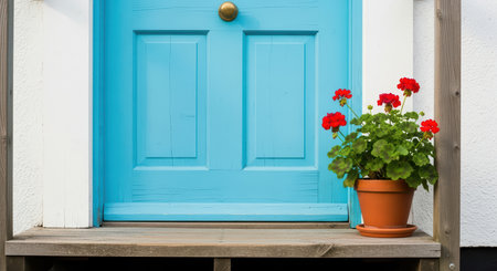 Vibrant blue door with red geraniums on rustic porchの素材