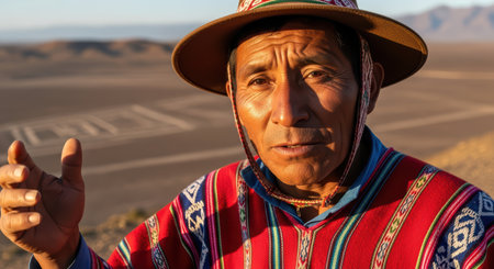 Elderly hispanic male in traditional attire with desert landscape backgroundの素材