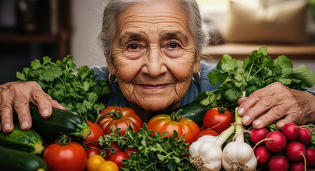 Elderly hispanic woman with fresh vegetables smiling at homeの素材