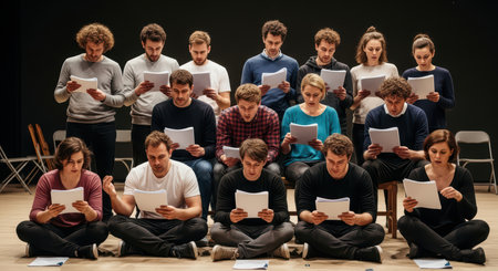 Diverse group rehearsing script in theater settingの素材