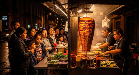 Night street food: hispanic vendor serving al pastor to crowd with familiesの素材