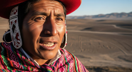 Indigenous hispanic male in traditional attire against desolate landscapeの素材