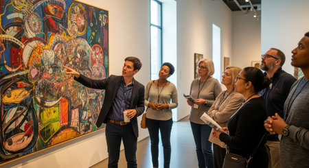 Diverse group engaged in art discussion at modern gallery exhibitionの素材