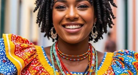 Smiling african female in colorful traditional dress with beaded accessoriesの素材