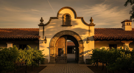 Historic spanish-style vineyard entrance at sunset with lush greeneryの素材