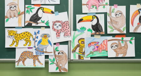 Colorful animal drawings on classroom blackboard: toucans, sloths, lepoards, parrots, and moreの素材