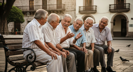 Group of elderly hispanic men socializing on a park bench in urban settingの素材