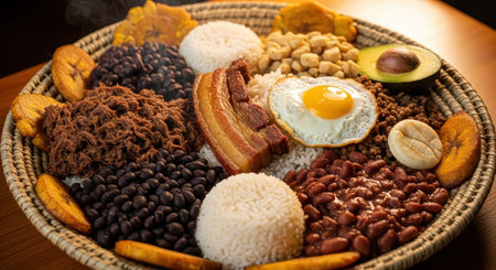 Traditional colombian bandeja paisa with rice, beans, plantains, and eggsの素材