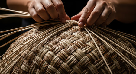 Hands weaving traditional basket with natural fibers in detailed close-up shotの素材