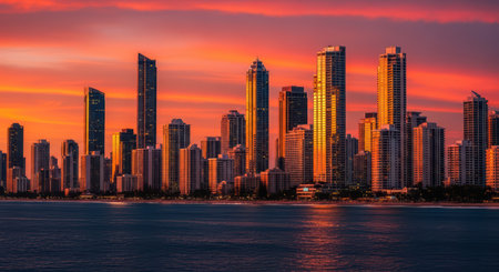 Vibrant city skyline at sunset reflecting on water with dramatic cloudsの素材