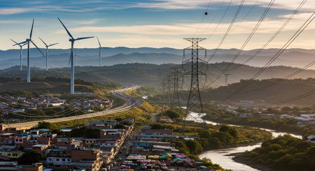 Wind turbines and power lines overlooking town with mountainous horizonの素材