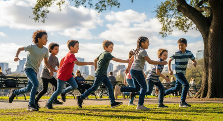 Diverse group of children playing in sunny park settingの素材