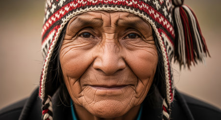 Elderly native american woman with traditional patterned beanie and warm expressionの素材
