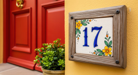 Vibrant red door with number 17 on decorative tile plaque and potted plantの素材