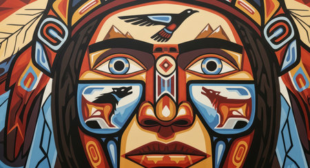 Intricate native american-inspired artwork with cultural symbols and patternsの素材