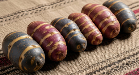 Colorful striped heirloom potatoes arranged on woven textile surfaceの素材