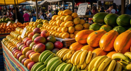 Vibrant market display of fresh bananas mangoes and papayasの素材