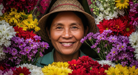 Smiling asian mature female amidst colorful flowers displaying joy and vibrancyの素材