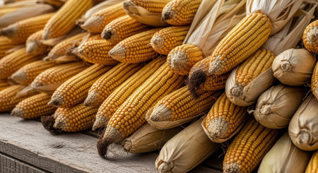 Harvested corn cobs in a rustic setting displaying autumn bountyの素材
