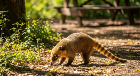 Coati exploring sunlit forest floor in summer lightの素材