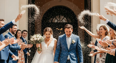 Caucasian newlyweds celebrate joyful wedding with friends in festive ceremonyの素材