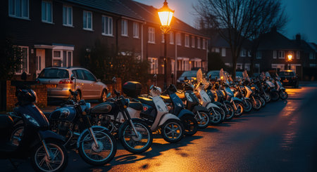 Nighttime street scene with motorcycles and row of houses illuminated by lamp postの素材