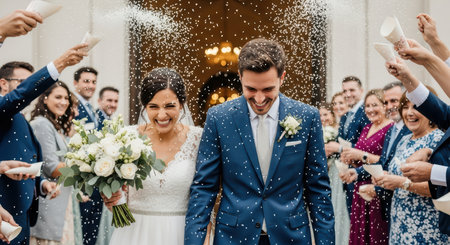 Joyful wedding celebration with young caucasian bride and groom surrounded by guestsの素材