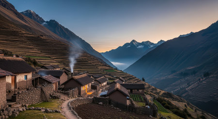 Serene mountain village at dawn with misty valleys and terraced hillsidesの素材