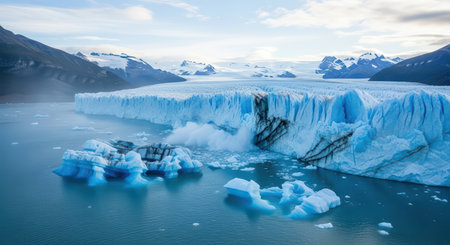 Majestic glacier melting into pristine blue waters in serene arctic landscapeの素材