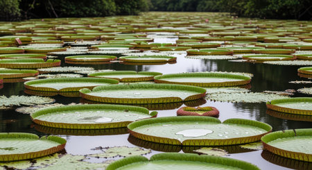 Expansive amazon river with giant victoria water lilies on tranquil surfaceの素材