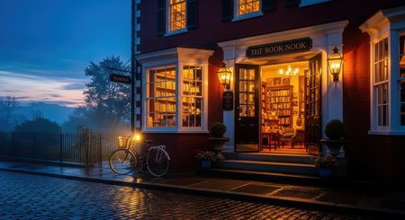 Cozy bookstore at dusk with warm lighting and vintage bicycle outsideの素材