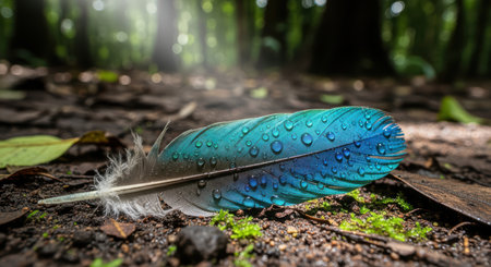 Vibrant blue feather with dew in lush forest floor close-upの素材