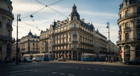 Historic european street scene with tram and pedestrians in late afternoon lightの素材