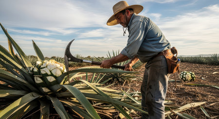 Hispanic male adult harvesting agave plants in field with tool and hat under sunny skyの素材