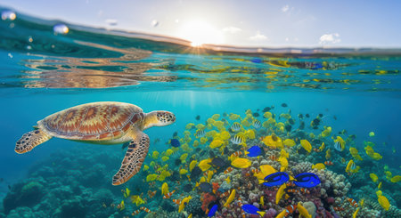 Sea turtle gliding over vibrant coral reef with colorful fish at sunsetの素材