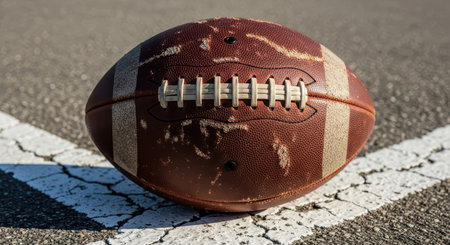 Weathered american football on outdoor concrete courtの素材