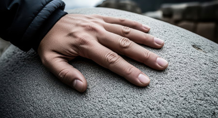 Male hand touching rough stone surface outdoorsの素材