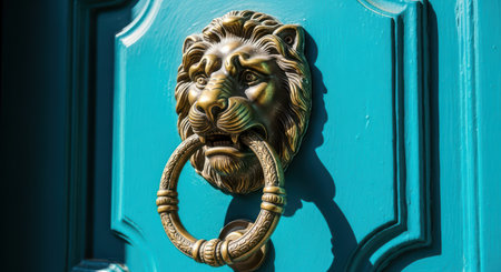 Ornate bronze lion head door knocker on vibrant teal doorの素材