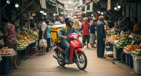 Asian male delivery rider on scooter navigating bustling market street sceneの素材