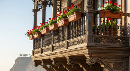 Historic wooden balcony with red flowers overlooking scenic cliffside viewの素材
