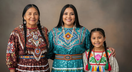Three generations of native american women in traditional dressの素材