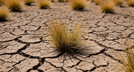 Parched earth with dry grass on cracked ground â signs of severe droughtの素材